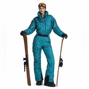 VINTAGE ROFFE MOUNTAIN GOAT TIPSY ELVES Teal One-Piece Ski Suit SNOW EAST WEST